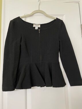 Ganni Black Textured Zip-Front Peplum Top